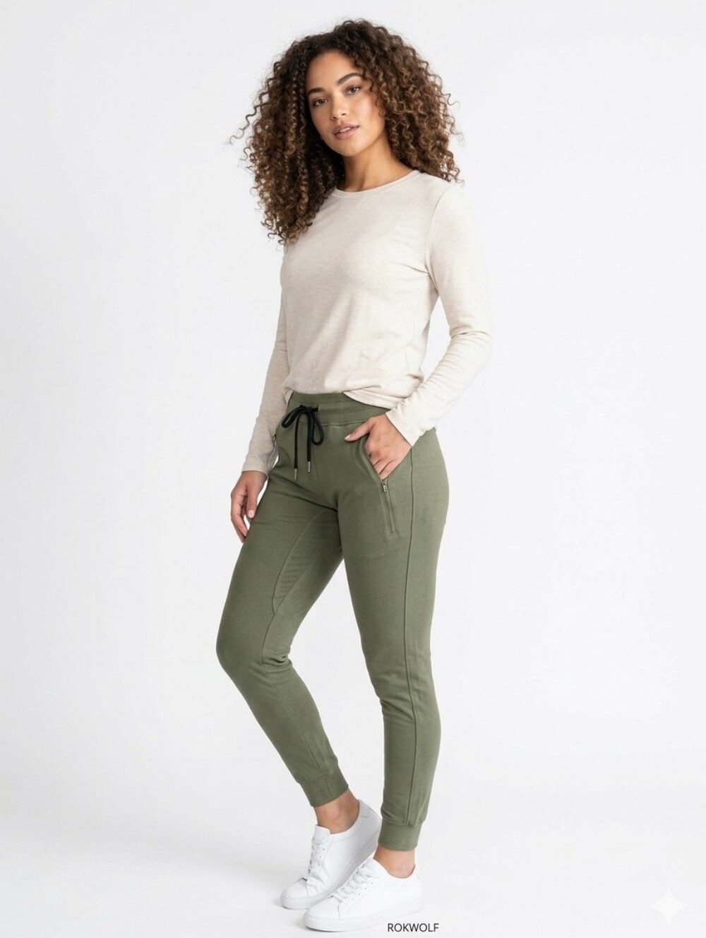 ROKWOLF Olive Green Women's Comfy Jogger Pants w/ Drawstring Waist & Pockets NWT
